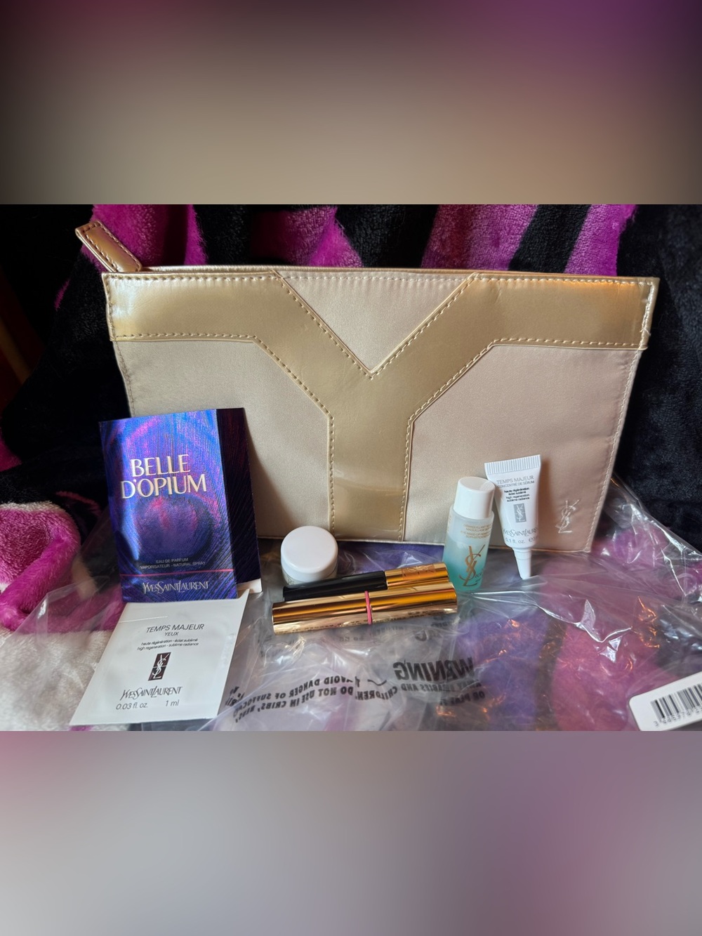 Yves Saint Laurent Gold Cosmetic Pouch with Mini Lipstick & Skincare